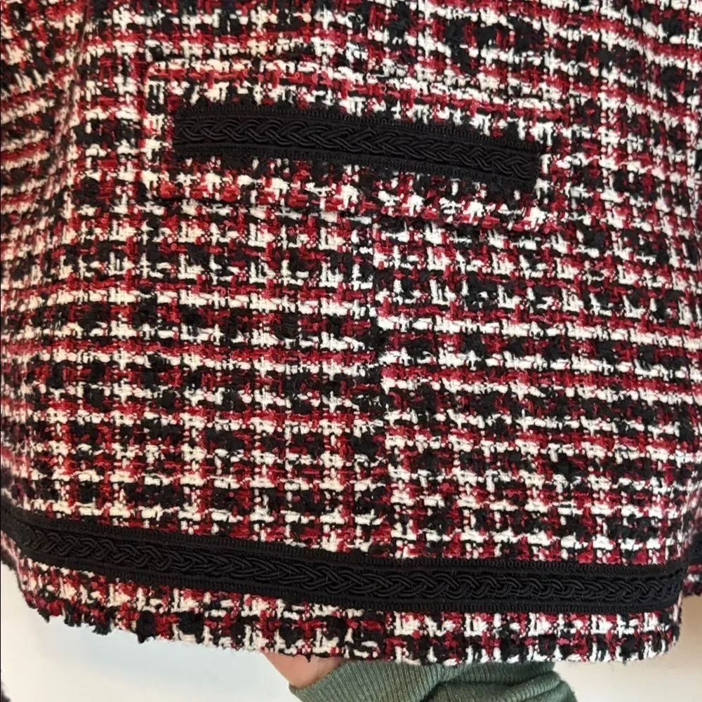 Mango Tweed cropped boxy Black red white full zip Blazer suit jacket women 8 EUC